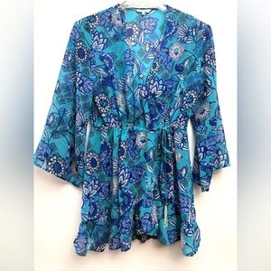 Blue Island Floral Blue Swimsuit Coverup with 3/4 Sleeves
